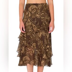 Vintage lauren ralph lauren tan Brown 100% silk tiered ruffle midi Skirt size xl